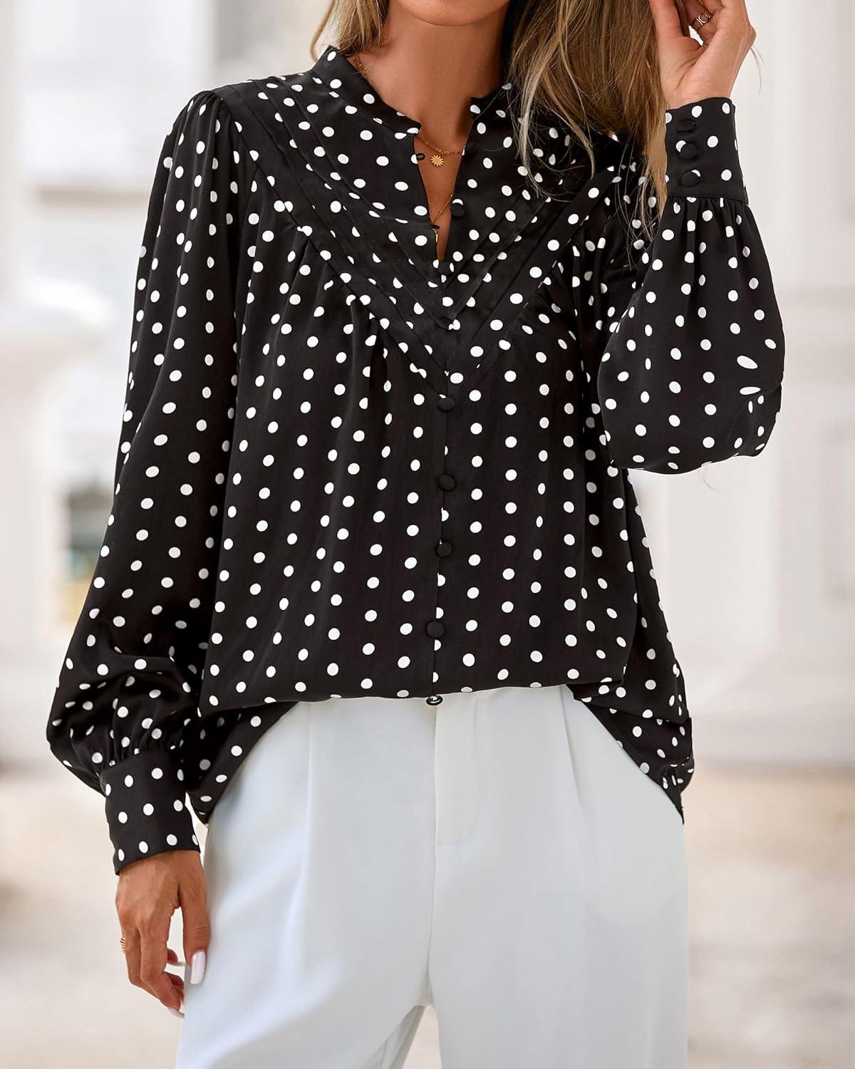 imageBTFBM Womens Tops Dressy Casual Fall 2025 Boho Floral V Neck Long Sleeve Half Button Down Shirt Work Business BlousesDot Black White