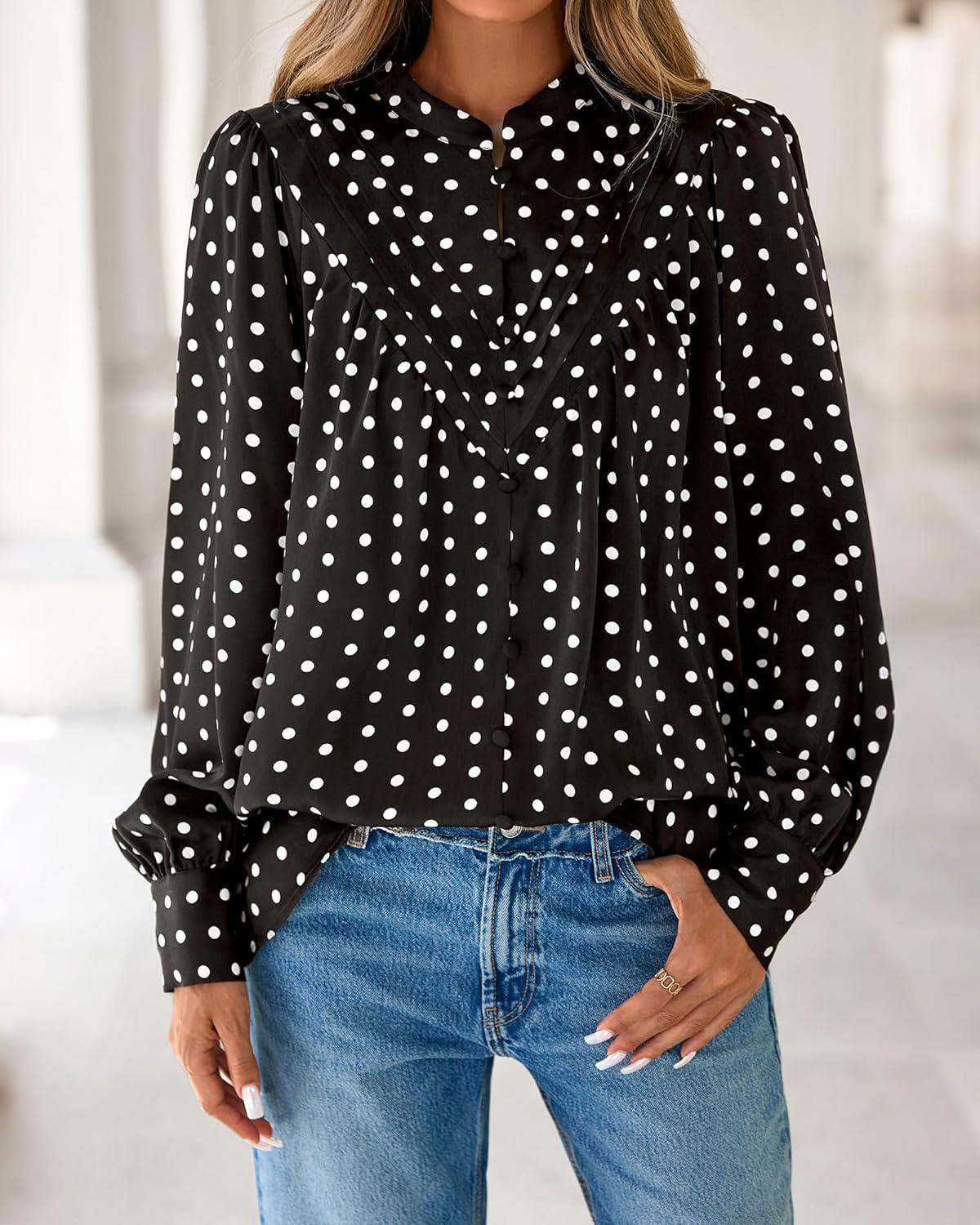 imageBTFBM Womens Tops Dressy Casual Fall 2025 Boho Floral V Neck Long Sleeve Half Button Down Shirt Work Business BlousesDot Black White