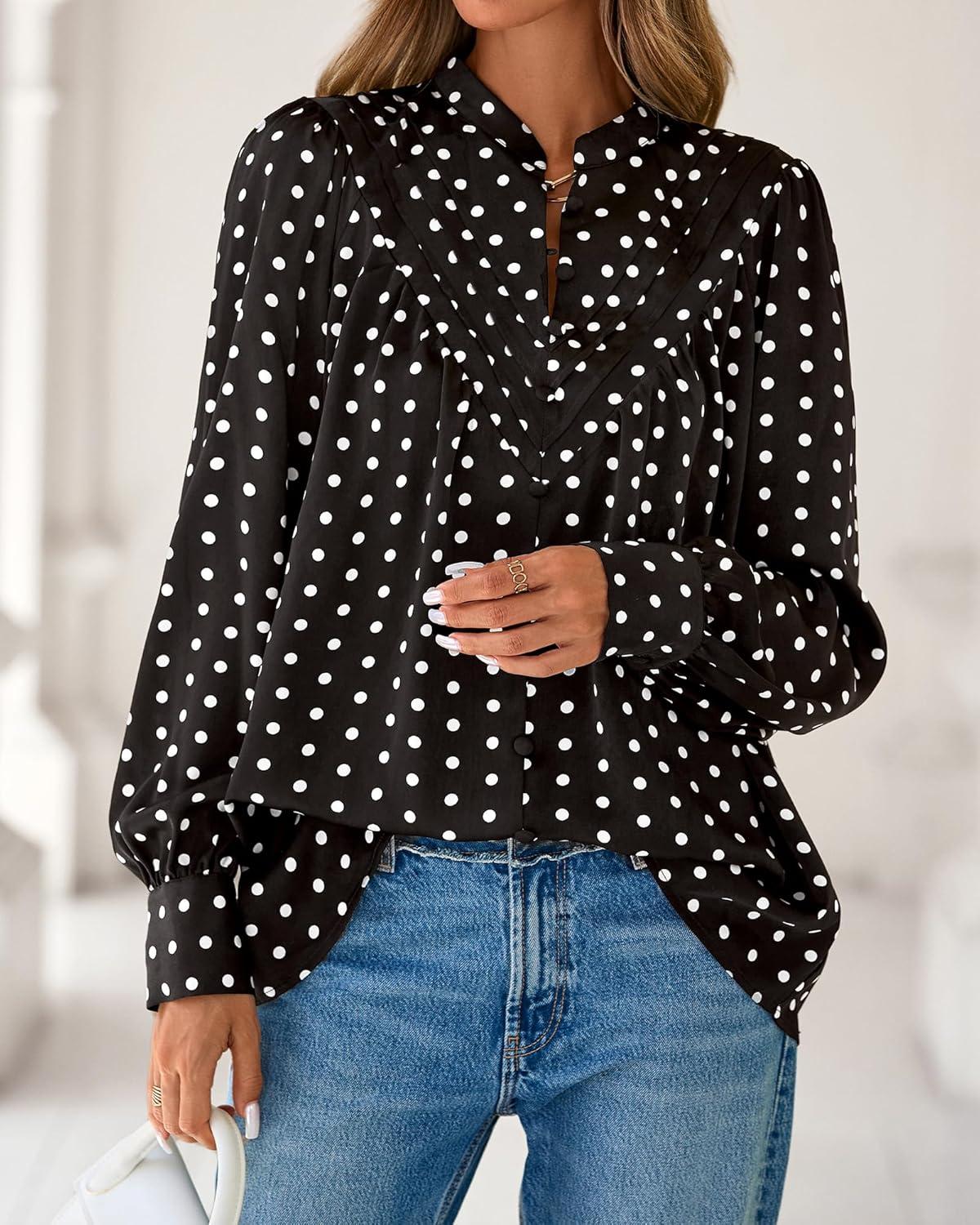 imageBTFBM Womens Tops Dressy Casual Fall 2025 Boho Floral V Neck Long Sleeve Half Button Down Shirt Work Business BlousesDot Black White