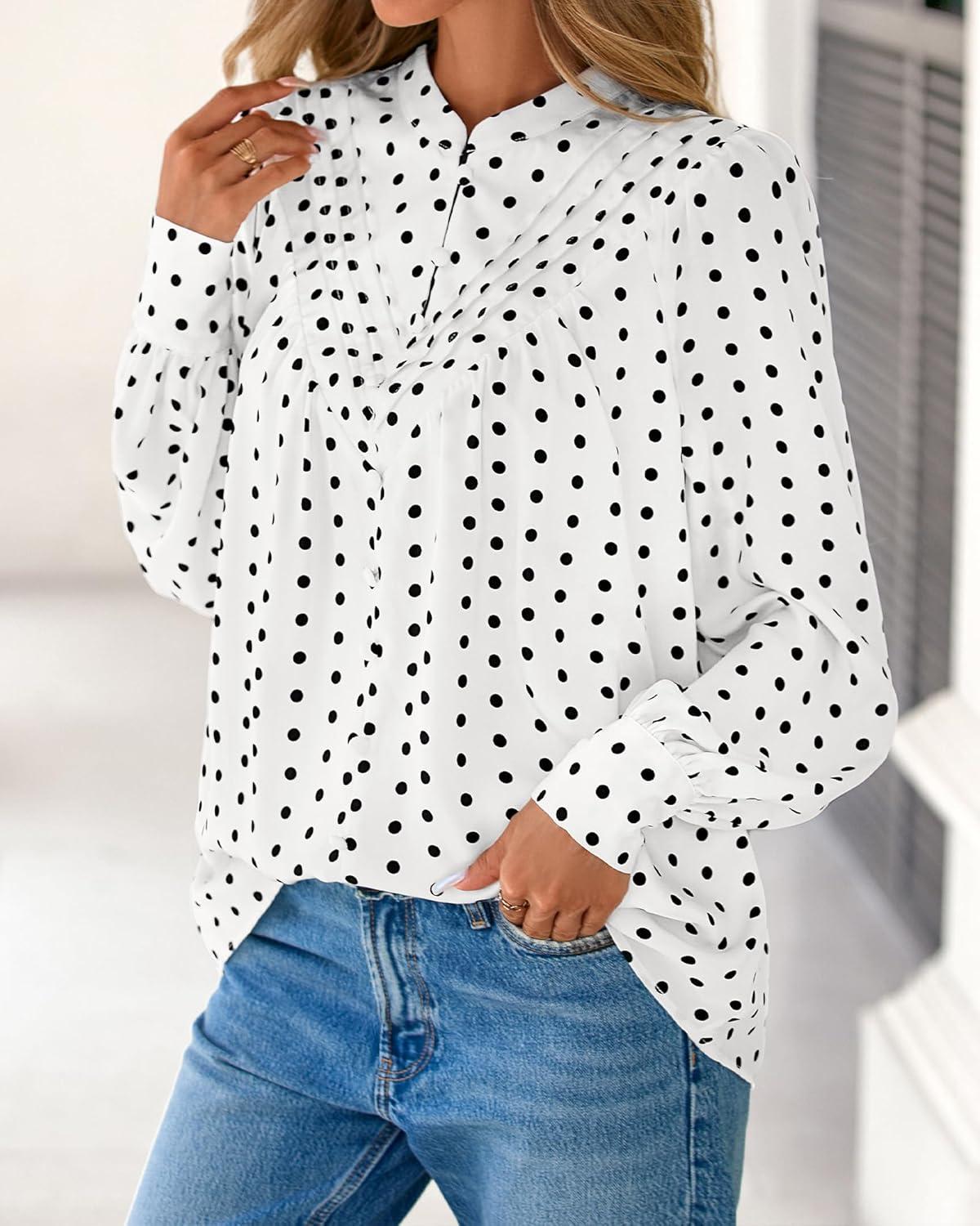 imageBTFBM Womens Tops Dressy Casual Fall 2025 Boho Floral V Neck Long Sleeve Half Button Down Shirt Work Business BlousesDot White Black