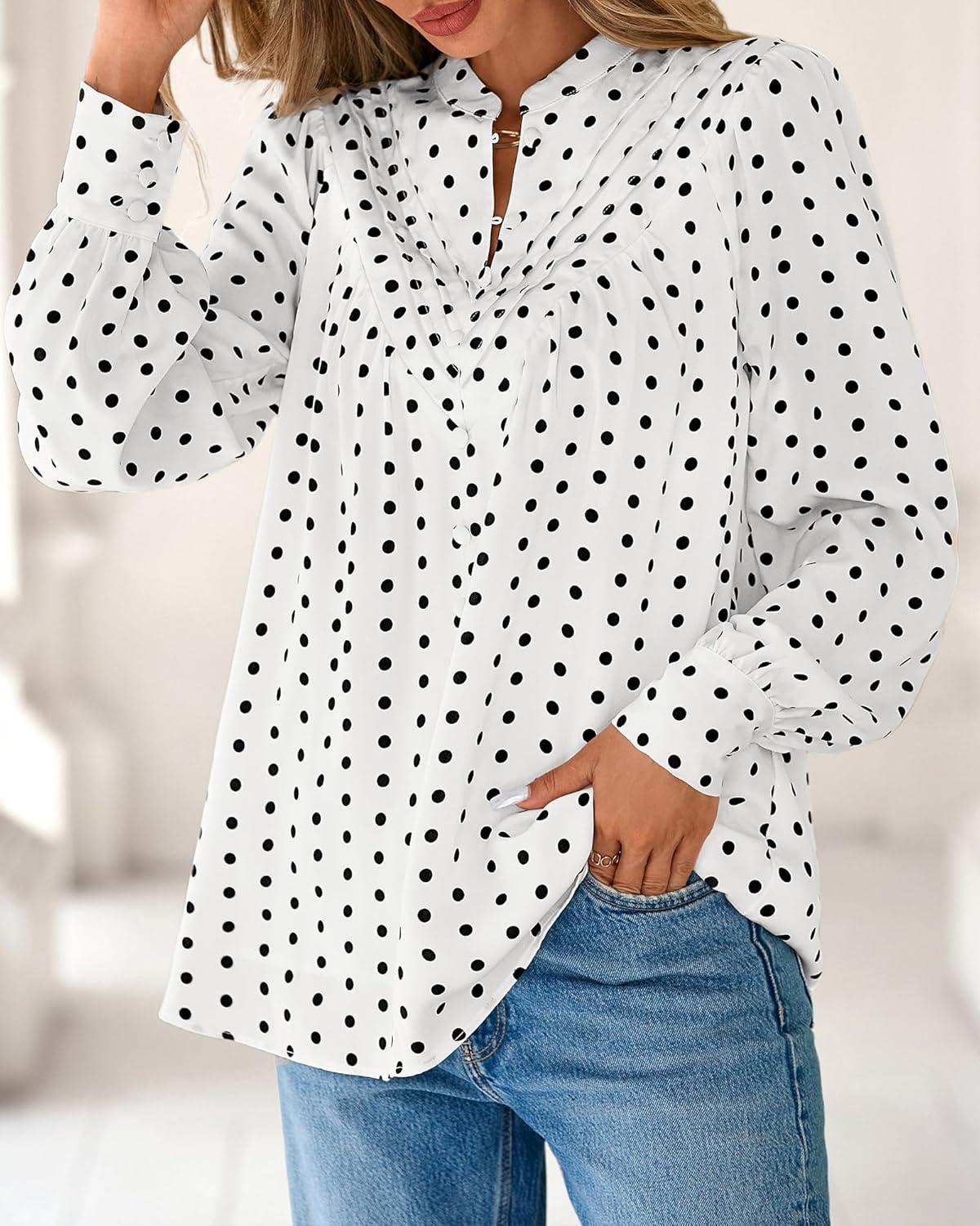 imageBTFBM Womens Tops Dressy Casual Fall 2025 Boho Floral V Neck Long Sleeve Half Button Down Shirt Work Business BlousesDot White Black