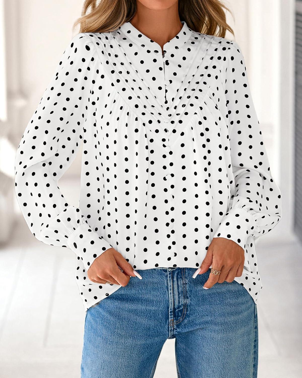 imageBTFBM Womens Tops Dressy Casual Fall 2025 Boho Floral V Neck Long Sleeve Half Button Down Shirt Work Business BlousesDot White Black