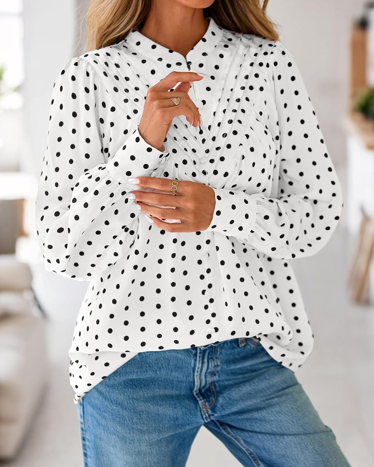 imageBTFBM Womens Tops Dressy Casual Fall 2025 Boho Floral V Neck Long Sleeve Half Button Down Shirt Work Business BlousesDot White Black