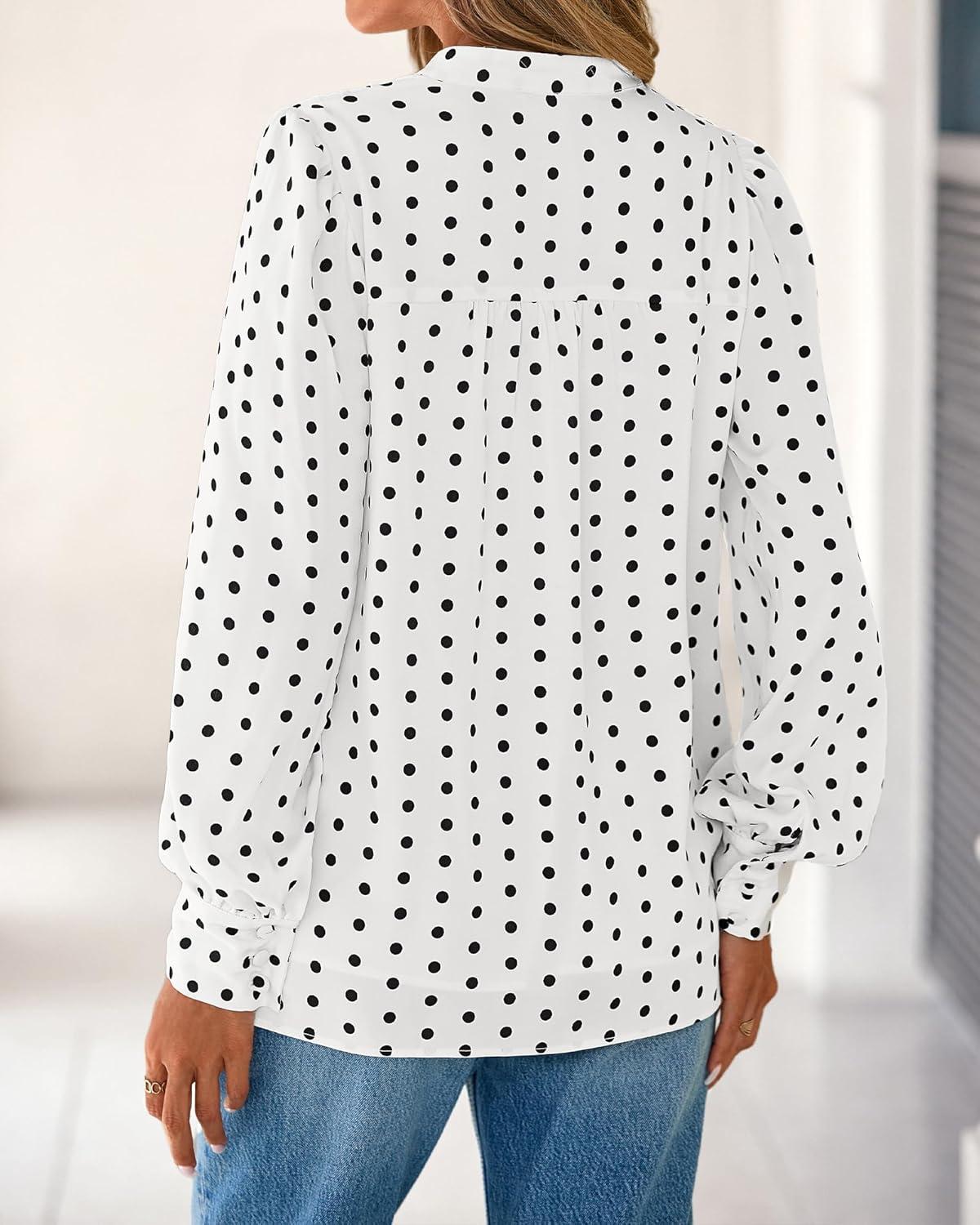 imageBTFBM Womens Tops Dressy Casual Fall 2025 Boho Floral V Neck Long Sleeve Half Button Down Shirt Work Business BlousesDot White Black