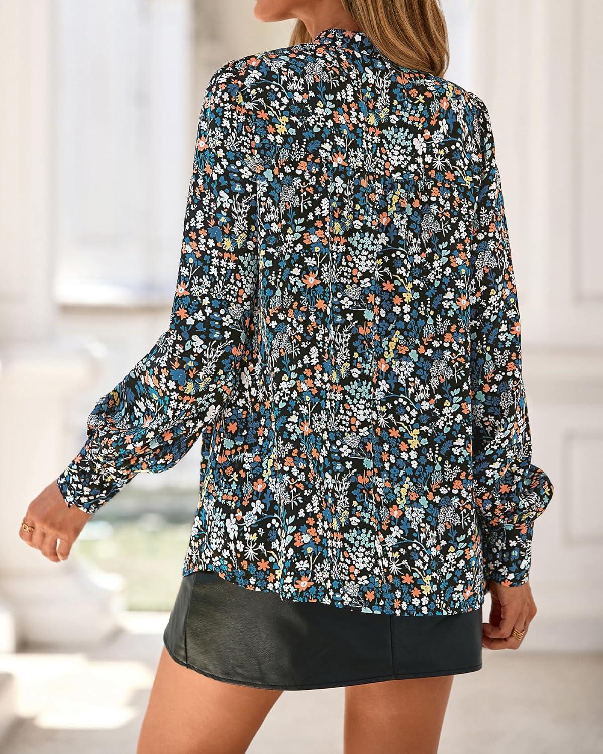 imageBTFBM Womens Tops Dressy Casual Fall 2025 Boho Floral V Neck Long Sleeve Half Button Down Shirt Work Business BlousesFloral Black Blue