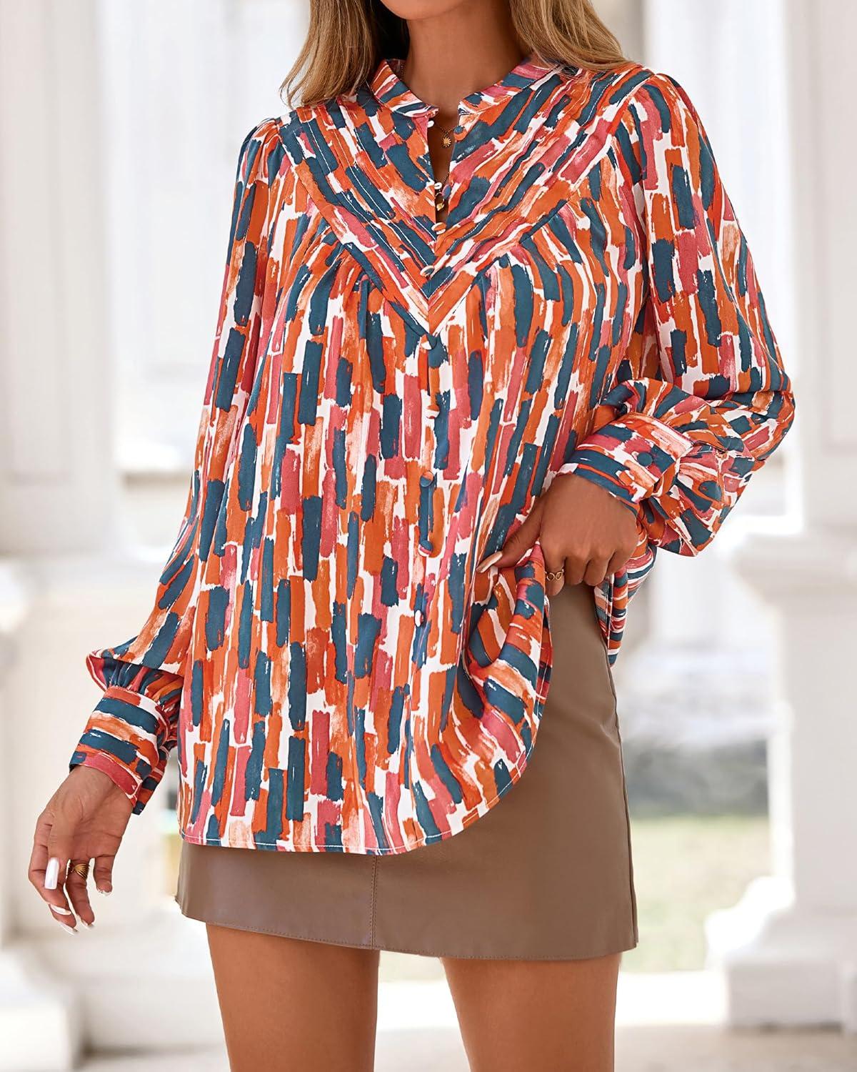 imageBTFBM Womens Tops Dressy Casual Fall 2025 Boho Floral V Neck Long Sleeve Half Button Down Shirt Work Business BlousesStriped Orange