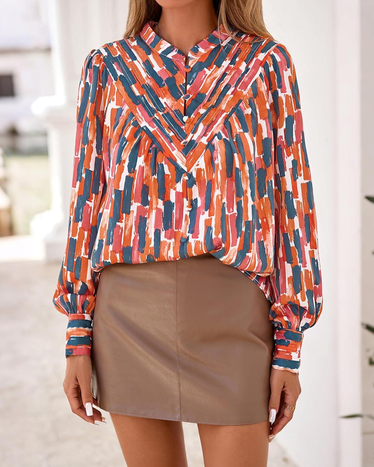 imageBTFBM Womens Tops Dressy Casual Fall 2025 Boho Floral V Neck Long Sleeve Half Button Down Shirt Work Business BlousesStriped Orange