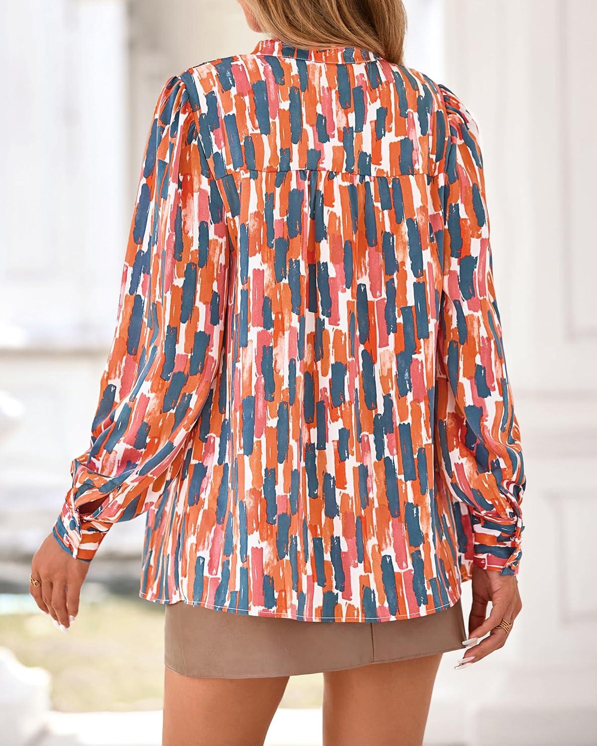 imageBTFBM Womens Tops Dressy Casual Fall 2025 Boho Floral V Neck Long Sleeve Half Button Down Shirt Work Business BlousesStriped Orange