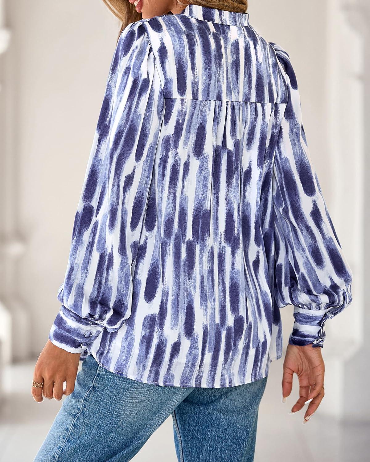 imageBTFBM Womens Tops Dressy Casual Fall 2025 Boho Floral V Neck Long Sleeve Half Button Down Shirt Work Business BlousesStriped White Blue