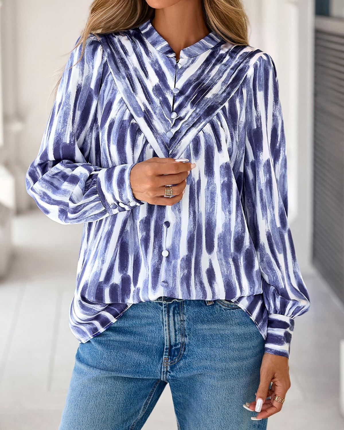 imageBTFBM Womens Tops Dressy Casual Fall 2025 Boho Floral V Neck Long Sleeve Half Button Down Shirt Work Business BlousesStriped White Blue