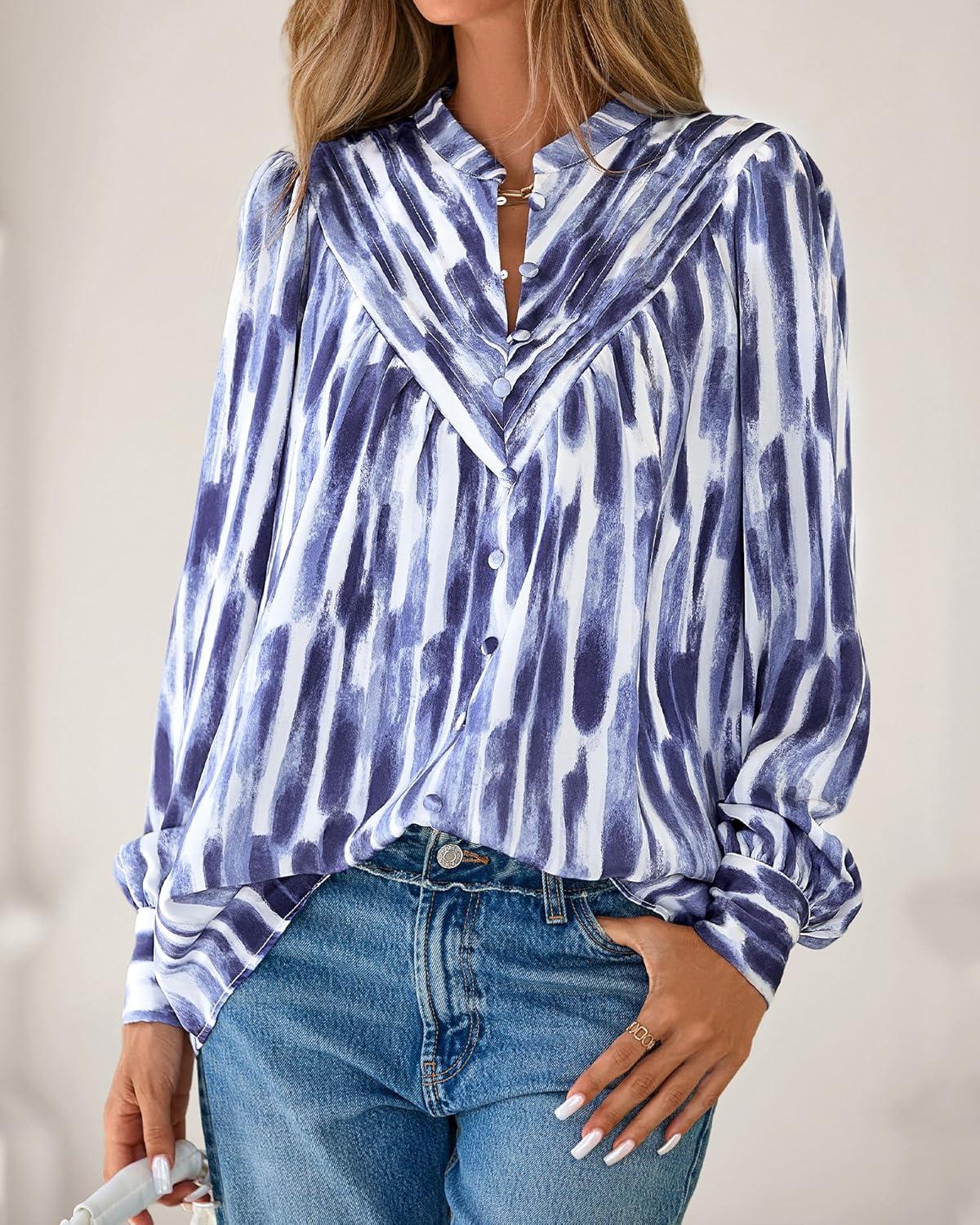 imageBTFBM Womens Tops Dressy Casual Fall 2025 Boho Floral V Neck Long Sleeve Half Button Down Shirt Work Business BlousesStriped White Blue