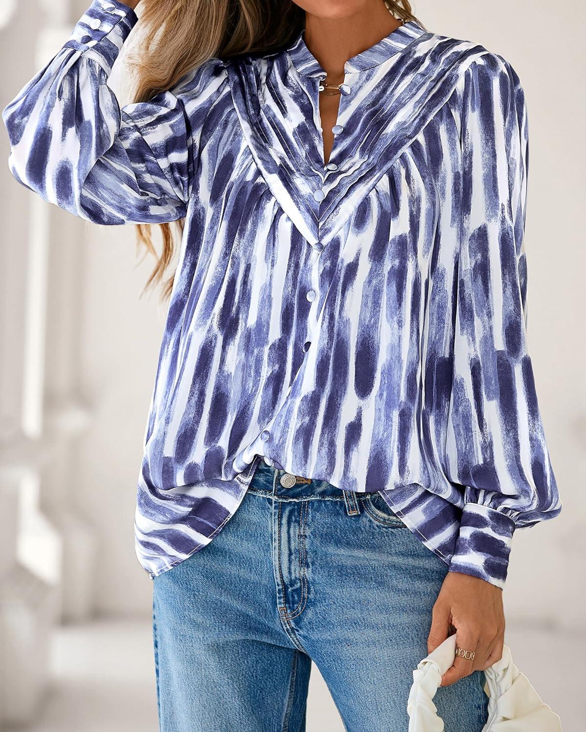 imageBTFBM Womens Tops Dressy Casual Fall 2025 Boho Floral V Neck Long Sleeve Half Button Down Shirt Work Business BlousesStriped White Blue
