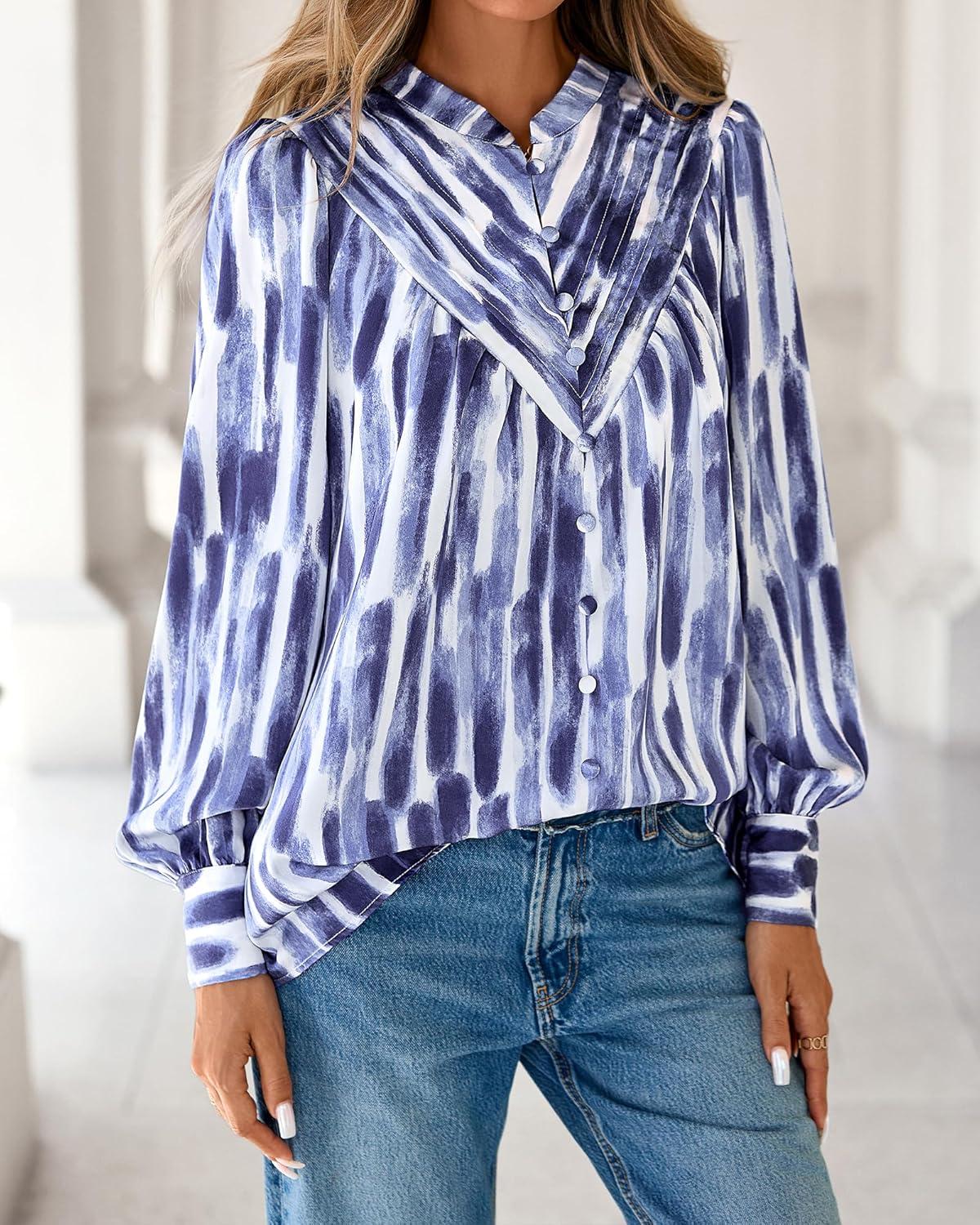 imageBTFBM Womens Tops Dressy Casual Fall 2025 Boho Floral V Neck Long Sleeve Half Button Down Shirt Work Business BlousesStriped White Blue