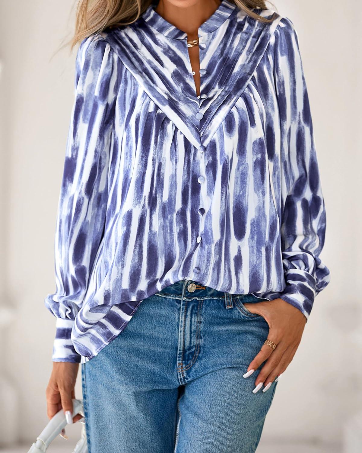 imageBTFBM Womens Tops Dressy Casual Fall 2025 Boho Floral V Neck Long Sleeve Half Button Down Shirt Work Business BlousesStriped White Blue