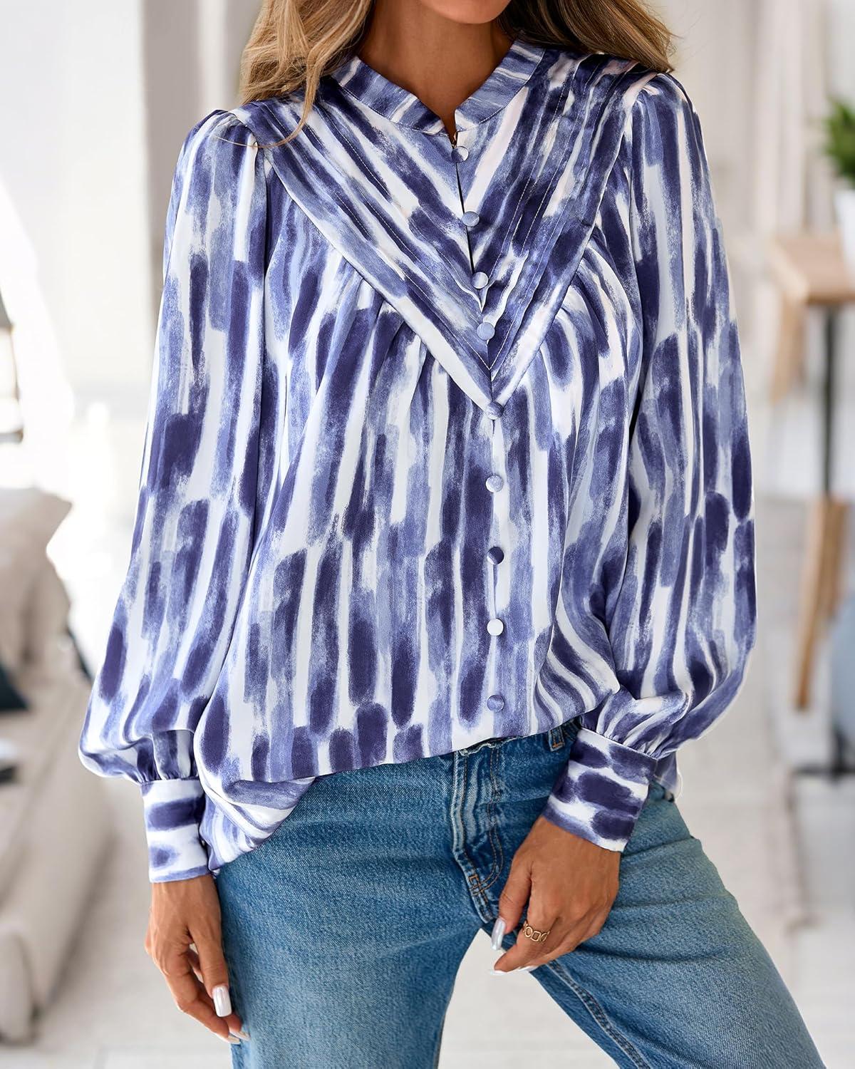 imageBTFBM Womens Tops Dressy Casual Fall 2025 Boho Floral V Neck Long Sleeve Half Button Down Shirt Work Business BlousesStriped White Blue