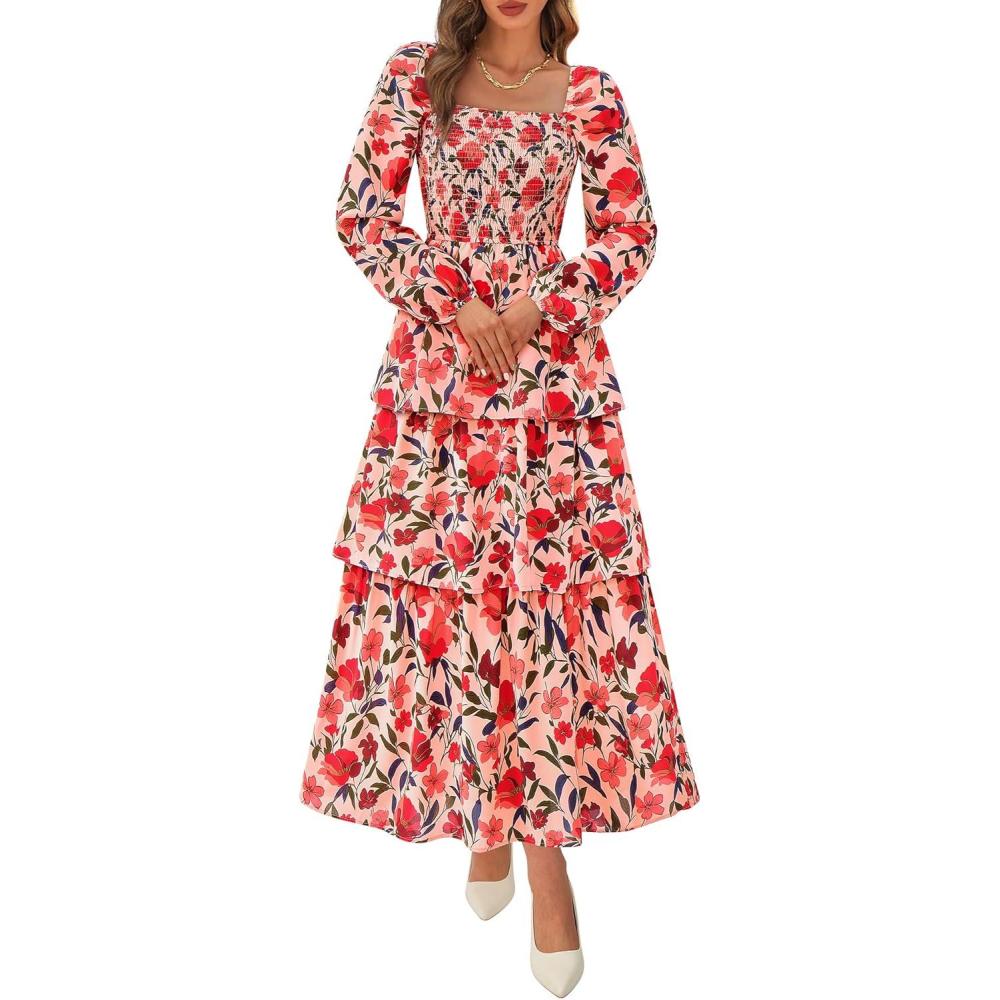 imageBTFBM Fall Dresses for Women 2025 Floral Long Sleeve Smocked Square Neck Casual Ruffle Tiered Flowy Wedding Guest DressFloral Orange Pink Red
