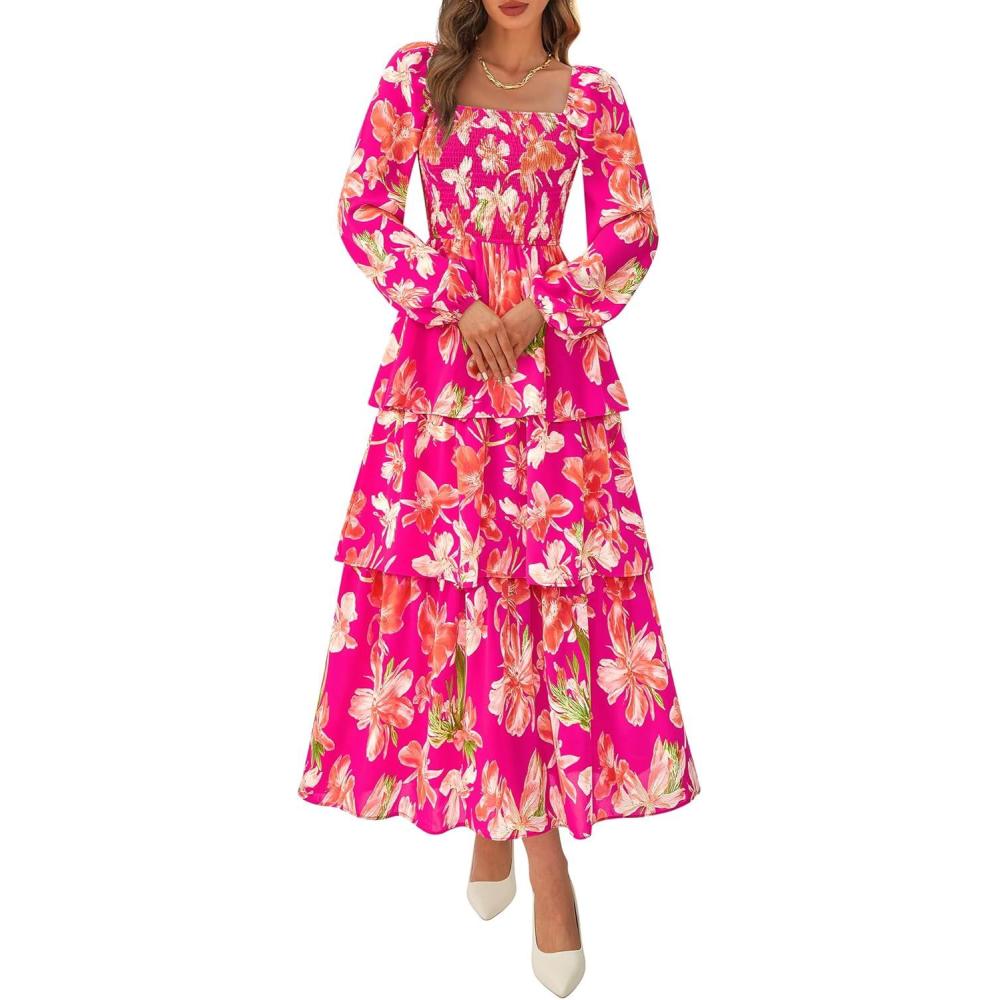 imageBTFBM Fall Dresses for Women 2025 Floral Long Sleeve Smocked Square Neck Casual Ruffle Tiered Flowy Wedding Guest DressFloral Rose Red Red
