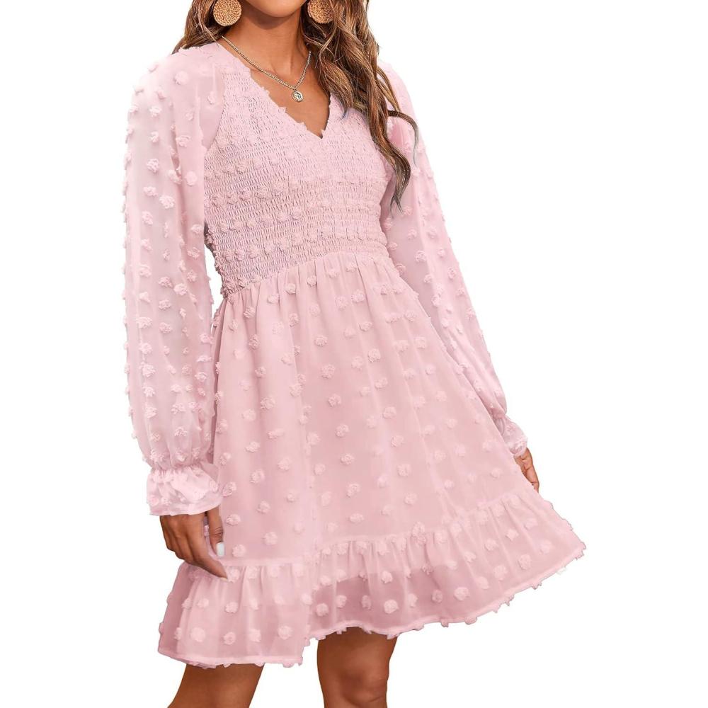 imageBTFBM Long Sleeve Fall Dresses for Women 2025 Casual V Neck Swiss Dot Smocked Ruffle Chiffon Summer Flowy Mini DressPink