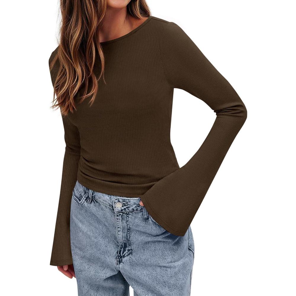 imageBTFBM Long Sleeve Shirts for Women 2025 Fall Y2K Clothes Casual Solid Color Boat Neck Bell Sleeve Fitted Going Out TopsBrown