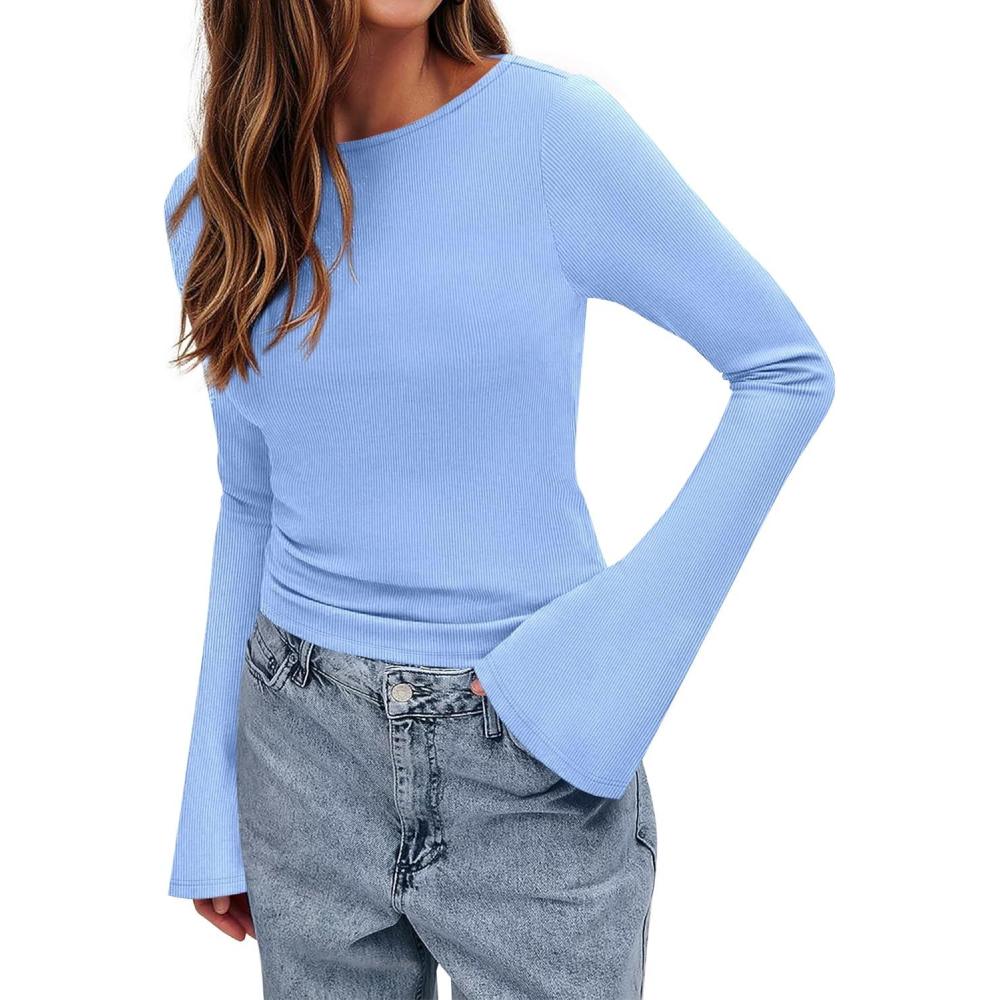 imageBTFBM Long Sleeve Shirts for Women 2025 Fall Y2K Clothes Casual Solid Color Boat Neck Bell Sleeve Fitted Going Out TopsLight Blue