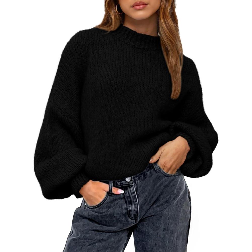 imageBTFBM Sweaters for Women Fall 2025 Crew Neck Lantern Long Sleeve Oversized Sweater Casual Knit Winter Pullover TopsBlack