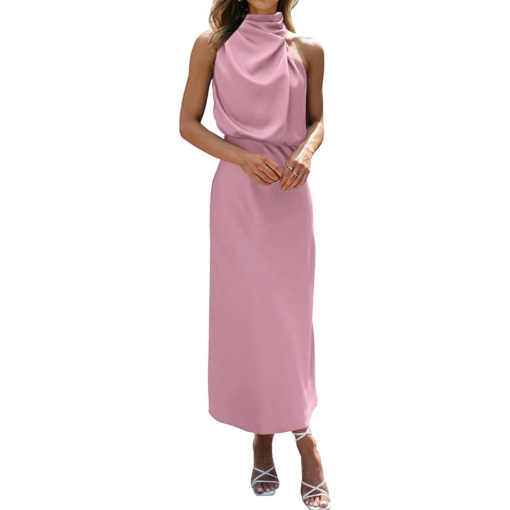 imageBTFBM Women Sleeveless Cocktail Dresses Fall Mock Neck Keyhole Elastic High Waist Evening Party Maxi Wedding Guest DressDusty Pink