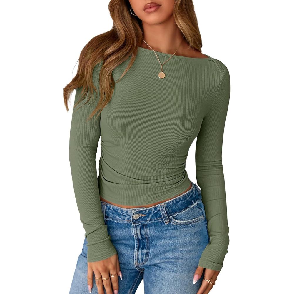 imageBTFBM Womens Long Sleeve T Shirts Fall Clothes 2025 Ribbed Slim Fit Y2K Boat Neck Casual Going Out Tops Workout OutfitsArmy Green
