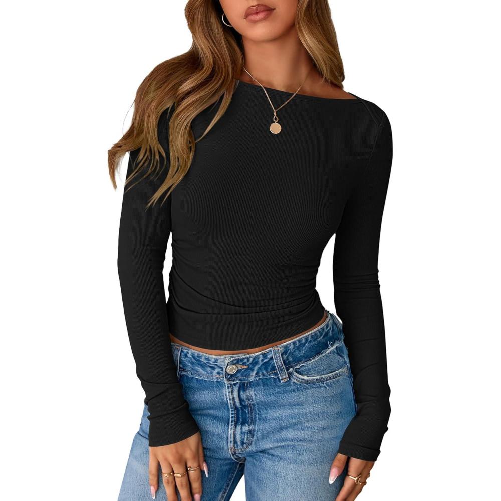 imageBTFBM Womens Long Sleeve T Shirts Fall Clothes 2025 Ribbed Slim Fit Y2K Boat Neck Casual Going Out Tops Workout OutfitsBlack