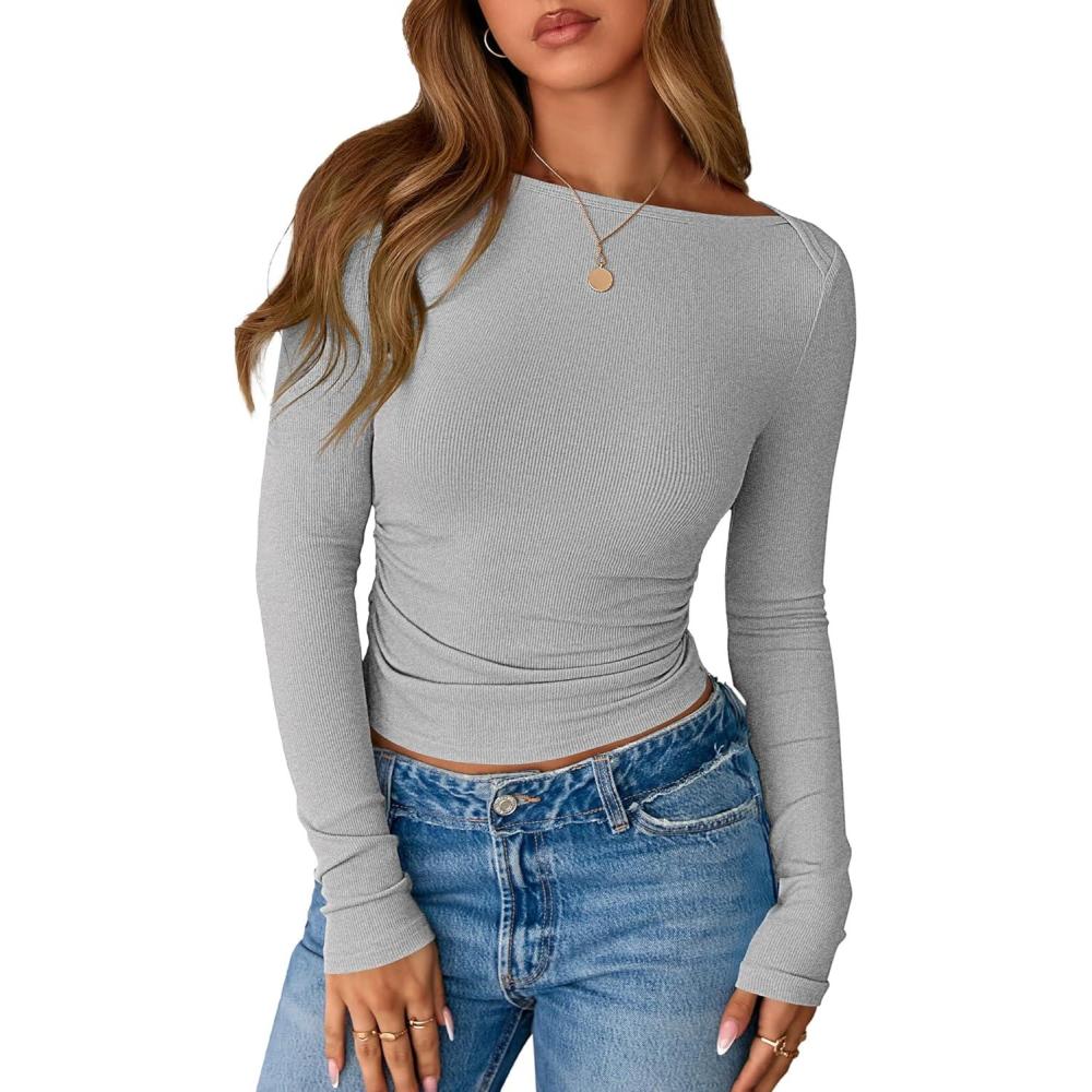 imageBTFBM Womens Long Sleeve T Shirts Fall Clothes 2025 Ribbed Slim Fit Y2K Boat Neck Casual Going Out Tops Workout OutfitsGrey