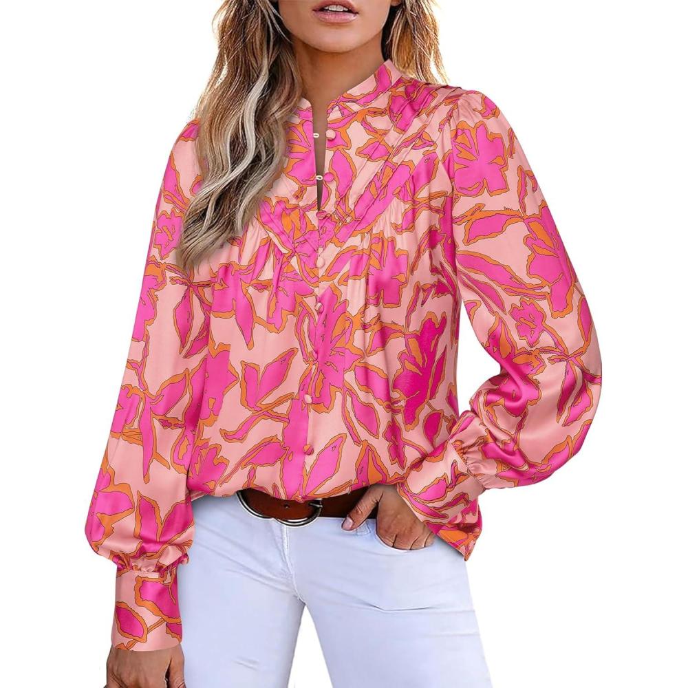 imageBTFBM Womens Tops Dressy Casual Fall 2025 Boho Floral V Neck Long Sleeve Half Button Down Shirt Work Business BlousesBig Floral Red