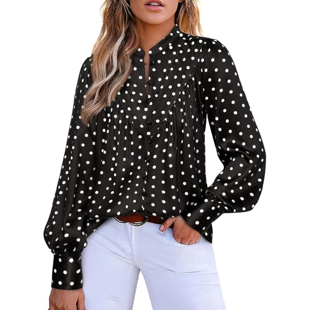imageBTFBM Womens Tops Dressy Casual Fall 2025 Boho Floral V Neck Long Sleeve Half Button Down Shirt Work Business BlousesDot Black White