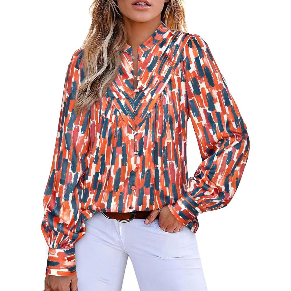 imageBTFBM Womens Tops Dressy Casual Fall 2025 Boho Floral V Neck Long Sleeve Half Button Down Shirt Work Business BlousesStriped Orange