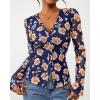 imageBTFBM Button Down Shirts for Women Fall Fashion 2025 V Neck Long Sleeve Blouse Ruched Mesh Fitted Floral Print Boho TopsBlue