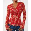 imageBTFBM Button Down Shirts for Women Fall Fashion 2025 V Neck Long Sleeve Blouse Ruched Mesh Fitted Floral Print Boho TopsRed