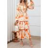 imageBTFBM Fall Dresses for Women 2025 Floral Long Sleeve Smocked Square Neck Casual Ruffle Tiered Flowy Wedding Guest DressFloral Apricot Orange