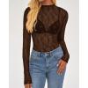 imageBTFBM Lace Tops for Women 2025 See Through Mesh Top Crew Neck Long Sleeve Fitted Sheer Party Club Outfits Fall FashionBrown