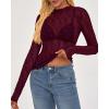imageBTFBM Lace Tops for Women 2025 See Through Mesh Top Crew Neck Long Sleeve Fitted Sheer Party Club Outfits Fall FashionBurgundy