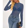 imageBTFBM Lace Tops for Women 2025 See Through Mesh Top Crew Neck Long Sleeve Fitted Sheer Party Club Outfits Fall FashionGrey Blue