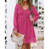 imageBTFBM Long Sleeve Fall Dresses for Women 2025 Casual V Neck Swiss Dot Smocked Ruffle Chiffon Summer Flowy Mini DressRose Red