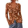 imageBTFBM Button Down Shirts for Women Fall Fashion 2025 V Neck Long Sleeve Blouse Ruched Mesh Fitted Floral Print Boho TopsKhaki