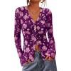 imageBTFBM Button Down Shirts for Women Fall Fashion 2025 V Neck Long Sleeve Blouse Ruched Mesh Fitted Floral Print Boho TopsPurple