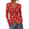 imageBTFBM Button Down Shirts for Women Fall Fashion 2025 V Neck Long Sleeve Blouse Ruched Mesh Fitted Floral Print Boho TopsRed
