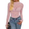 imageBTFBM Lace Tops for Women 2025 See Through Mesh Top Crew Neck Long Sleeve Fitted Sheer Party Club Outfits Fall FashionPink