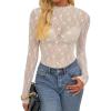 imageBTFBM Lace Tops for Women 2025 See Through Mesh Top Crew Neck Long Sleeve Fitted Sheer Party Club Outfits Fall FashionWhite