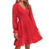imageBTFBM Long Sleeve Fall Dresses for Women 2025 Casual V Neck Swiss Dot Smocked Ruffle Chiffon Summer Flowy Mini DressRed