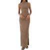 imageBTFBM Summer Two Piece Skirt Set for Women 2025 Dressy Lightweight Sleeveless Knit Top Going Out Split Maxi Skirt SetKhaki