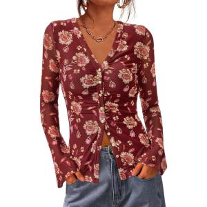 imageBTFBM Button Down Shirts for Women Fall Fashion 2025 V Neck Long Sleeve Blouse Ruched Mesh Fitted Floral Print Boho TopsBrown
