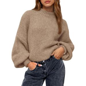imageBTFBM Sweaters for Women Fall 2025 Crew Neck Lantern Long Sleeve Oversized Sweater Casual Knit Winter Pullover TopsKhaki