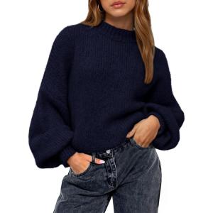 imageBTFBM Sweaters for Women Fall 2025 Crew Neck Lantern Long Sleeve Oversized Sweater Casual Knit Winter Pullover TopsNavy