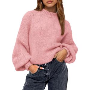 imageBTFBM Sweaters for Women Fall 2025 Crew Neck Lantern Long Sleeve Oversized Sweater Casual Knit Winter Pullover TopsPink